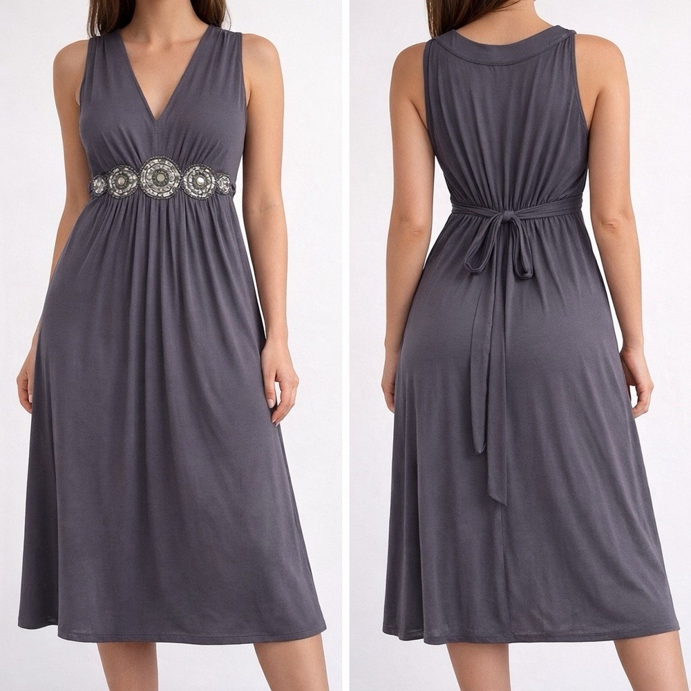 ECI New York Gray Sleeveless Midi Dress Beaded Waist Women's Size 4